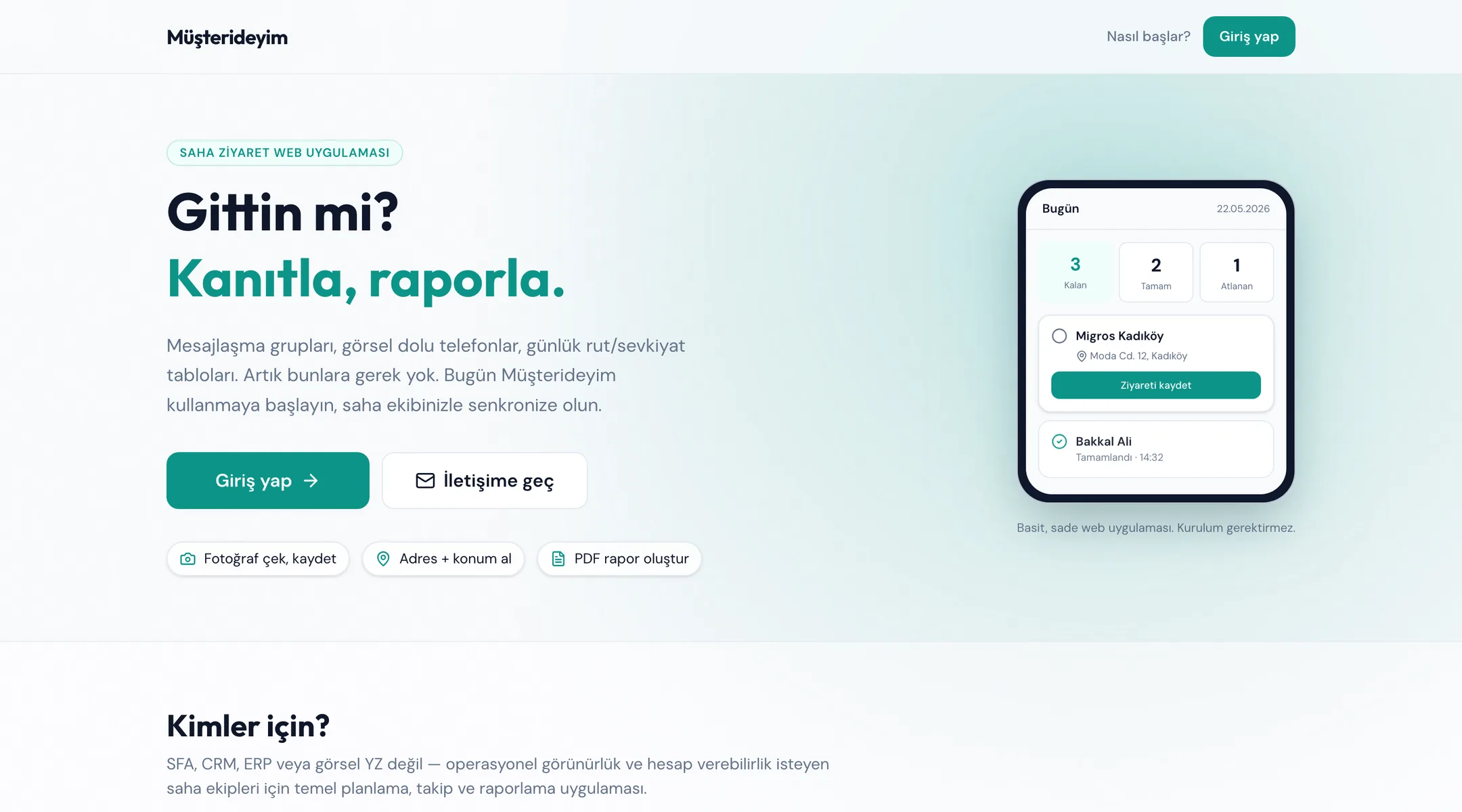 Müşterideyim web sitesi ana ekranı