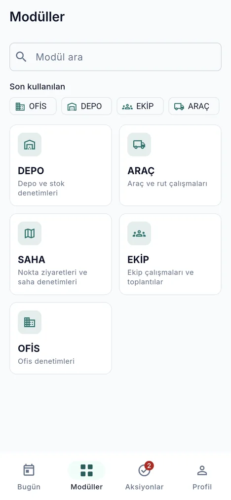 OMURGA-Saha mobil modül seçimi: DEPO, ARAÇ, SAHA, EKİP, OFİS